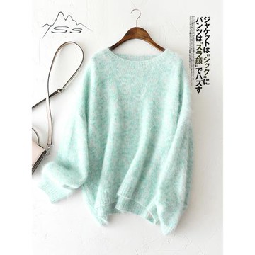 朦朧淺綠~羊絨衫女拉絨圓領拉毛加厚長毛100純山羊絨外穿針織毛衣