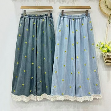 ＊ORead＊日系九分刺繡文藝範森繫鬆緊腰休閒褲(2色F碼)