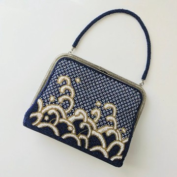 復古 串珠包 手工刺繡 寶藍色 鹿子絞風 浪花圖案 派對包 宴會包 手作 串珠刺繡 復古風