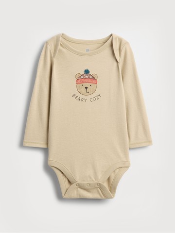 嬰兒裝 小熊印花圓領長袖包屁衣-卡其色