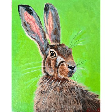 RinaArtSK創作的綠色背景上的棕色野兔寫實動物藝術作品