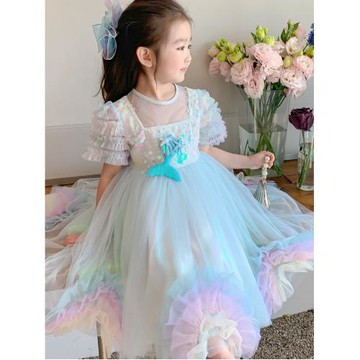彩虹光女童連衣裙夏季美人魚公主蓬蓬tutu連衣裙女寶寶生日表演裙