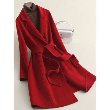 秋冬新款中長款紅色雙面羊絨大衣女赫本風小個子收腰羊毛毛呢外套