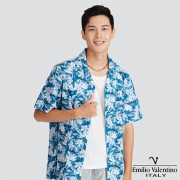 Emilio Valentino 范倫提諾古巴領短袖花襯衫-藍