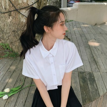 100%棉夏季短袖純白襯衫女小方領學院風白襯衫簡約基本款百搭 AJ181