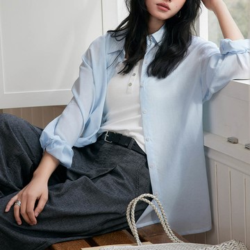 KPUWARM - 天絲亞麻微落肩防曬襯衫-淺沁藍