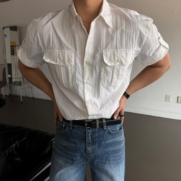 正韓舒適尼龍袖口反摺口袋短袖襯衫 2色 YUPPIE 預購商品 0414