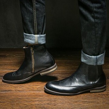 中筒靴真皮側拉鍊靴子-復古英倫切爾西休閒男靴2色73kk25【獨家進口】【米蘭精品】