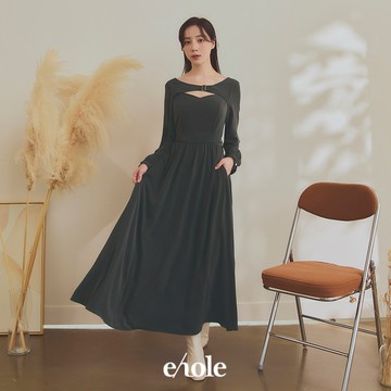 領釦設計綁帶雪紡洋裝-灰