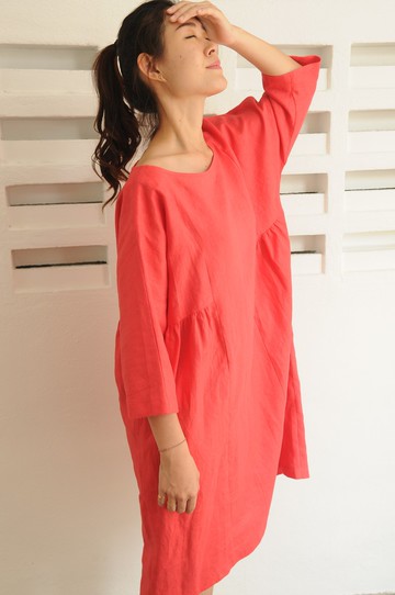 麻連衣裙 /Flarey麻連衣裙 /三分袖 /圓領 EP-D647