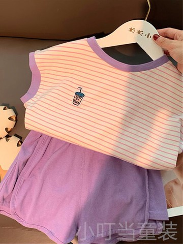 夏季新款~童裝寶寶運動套裝洋氣女童條紋短袖T恤短褲兩件套潮