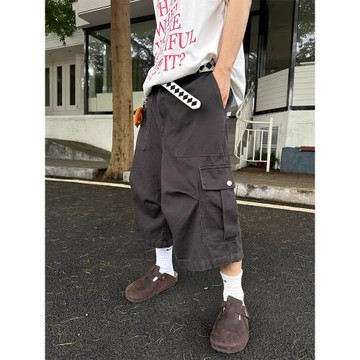 美式復古大口袋工裝寬松七分褲男女夏季高級感休閑機能闊腿短褲潮