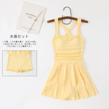 橘子推薦小雞奶油黃少女感純欲風連體溫泉泳衣女遮肚顯瘦學生泳裝