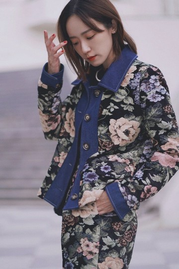 緹花拼接牛仔外套