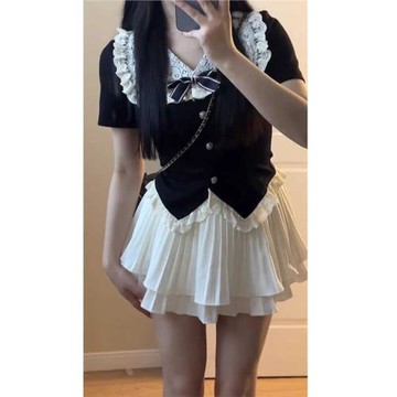 富家千金風蛋糕裙套裝女夏季娃娃領蕾絲拼接短款上衣百褶裙兩件套