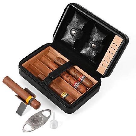 Cigar Humidor, Cigar Case, Cedar Wood Travel Portable Leather Cigar Humidor with Humidifier並行輸入