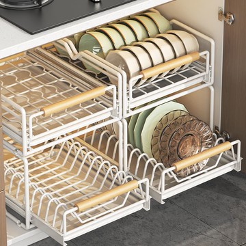 廚房碗碟收納架櫥柜內置自制抽屜式拉籃抽拉放碗架盤子瀝水置物架 y806