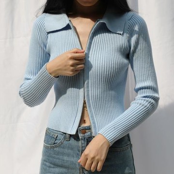 BERAN 歐美性感雙頭拉鏈翻領修身長袖針織衫女開衫短款外套上衣