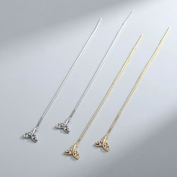純銀sS925線條魚尾帶鉆耳線電鍍黃金百搭耳吊耳飾送女友送閨蜜款