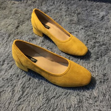 韓版奶奶鞋粗跟單鞋女方頭絨面高跟鞋2024新款淺口秋鞋復古中跟鞋