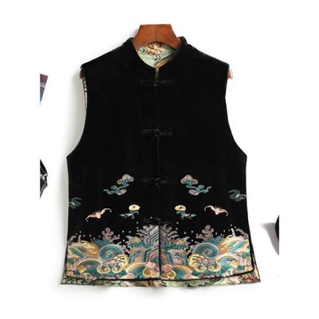 鼎奢級！老錢格調！重工刺繡絲絨馬甲女新中式盤扣立領國風馬夾潮