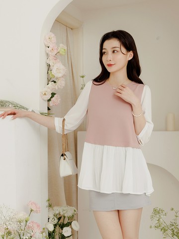 假兩件下襬百褶造型雪紡上衣