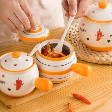 廚房帶把調料罐帶蓋勺家用簡約豬油罐辣椒油潑油罐耐熱抗高溫陶瓷