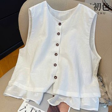 初色 簡約純色拼接花邊下擺無袖排扣圓領背心上衣女上衣-白色-14873(M-2XL可選)