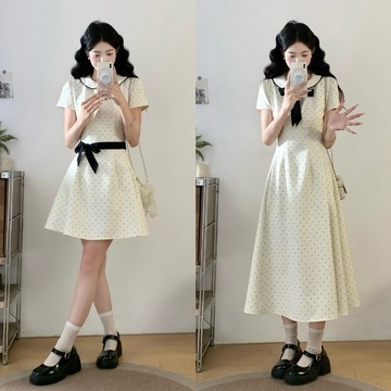 807L_2026夏季大尺碼微胖娃娃領甜美小香收腰顯瘦波點連身裙