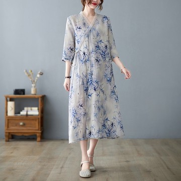 [米蘭精品] 連身裙棉麻洋裝-V領印花繫帶寬鬆女裙子74cs53