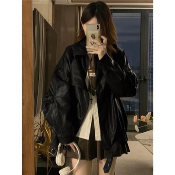 美式高街棕色皮衣外套女2025春秋新款高級設計感寬松廓形機車夾克