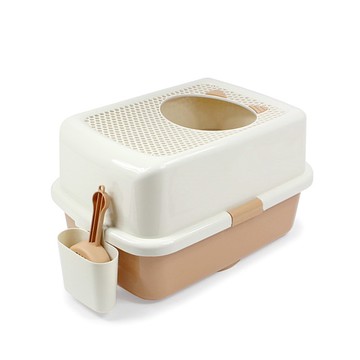 【台灣現貨 免運】上開口式貓砂盆(拿鐵咖啡) 防落砂蜂巢孔上蓋 附可掛式貓砂鏟