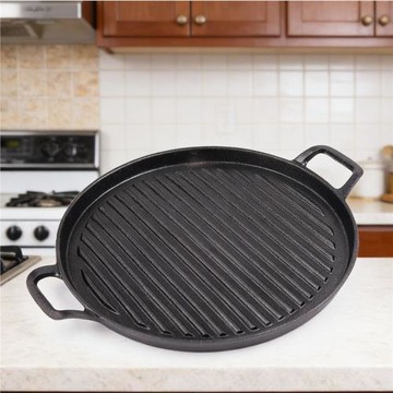 鑄鐵圓形煎盤牛排煎鍋條紋烤肉盤商用無涂層鐵板燒烤鍋電磁爐通用