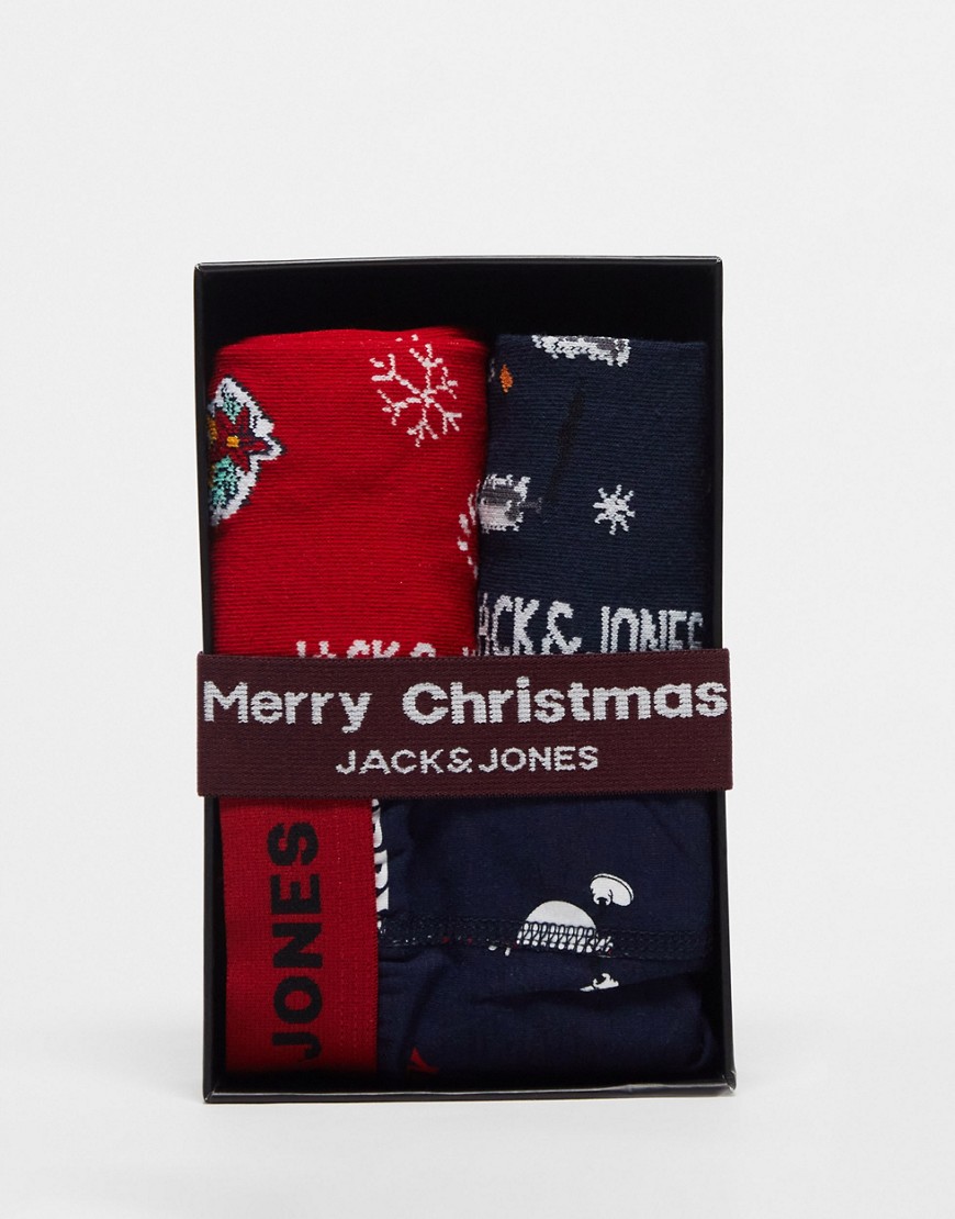 Jack & Jones 3 pack christmas sock & trunk gift box set in navy & red