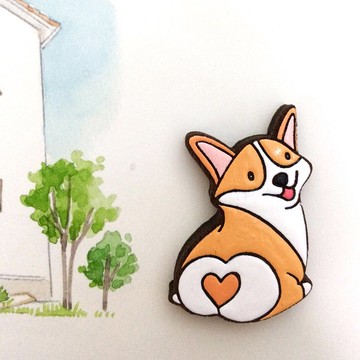 木製胸針威爾士柯基犬