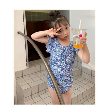 花與尋  小童泳衣2024夏季新款女童碎花連體泳衣韓版泳帽兩件套