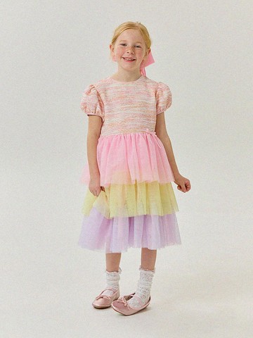 Three-Tiered Tweed Puffy Sleeve Dress [Pink]