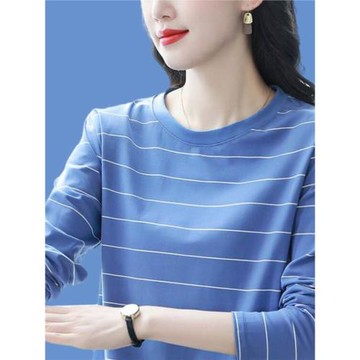 新款純棉長袖T恤女春秋寬松大碼條紋中年媽媽上衣打底衫秋衣外穿