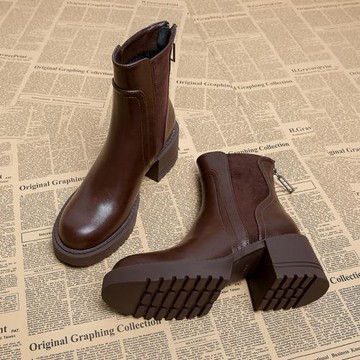 2025厚底甜酷短靴女秋冬款高跟鞋冬季加絨小個子歐貨英倫風馬丁靴