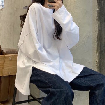 歐貨大碼白色開叉t恤女長款遮臀內搭寬松長袖大版上衣春秋打底衫