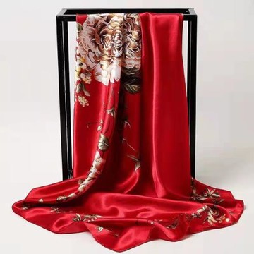 上海故事紅色絲巾媽媽春秋女士90×90大方巾披肩絲綢圍巾紗巾高檔
