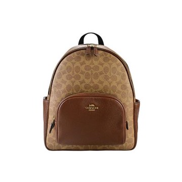 COACH 棕色C LOGO PVC拼接焦糖色荔枝紋皮革拉鍊雙層多口袋後背包