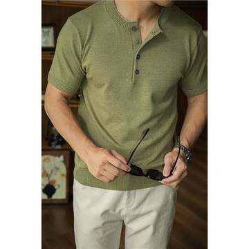 唔刃工裝美式復古高捻花紗混紡微卷邊針織亨利衫短袖通勤休閑男士