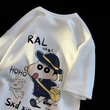 蠟筆小新華夫格t恤男短袖夏季日系潮牌百搭寬松大碼國潮情侶半袖