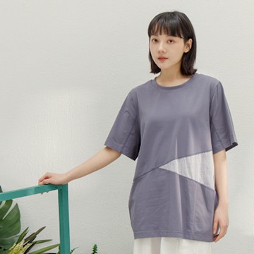 【MOSS CLUB】三角剪接配布爬線裝飾短袖棉T 灰 黃