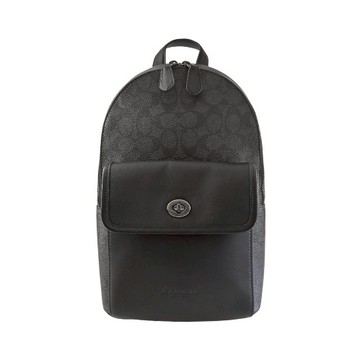 [平輸版] 【COACH】黑灰C LOGO PVC拼接黑色素面皮革前口袋大款單肩胸背斜後背男包 真品平輸