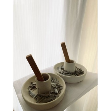 陶瓷聖木座 鼠尾草薰香容器 手工製作陶瓷聖木托盤架 聖木容器 淨化水晶 空間淨化 薰香爐 淨化盤