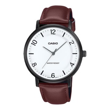 【CASIO 卡西歐】指針男錶 棕皮革錶帶 質感黑框 生活防水 MTP-VT03BL (MTP-VT03BL-7B)
