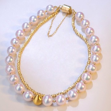 天然日本 Akoya 海水珍珠 手鍊 18K黃金 貓眼金球 雙層手串 優雅百搭設計