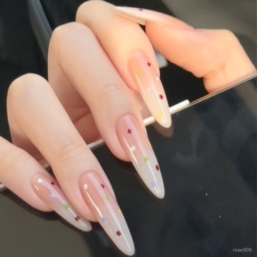 🤩加一超劃祘✨半手工乳白漸變波點長尖美甲片防水甲片美甲貼片美甲穿戴甲純手工穿戴甲 LSCY